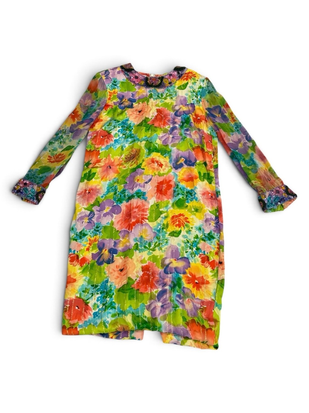 Vintage Bill Blass 100% Silk Multicolor Floral Sequin Embellished Dress Size 12